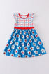 Platinum Blue & white floral print ruffle plaid dress