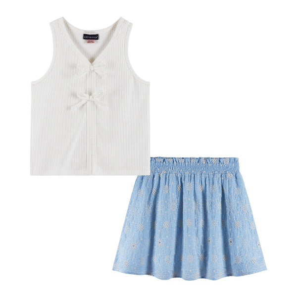 kids-7-14-white-rib-knit-tank-set-bows-blue Andy & Evan at Sophia's StyleTop & Skirt Set-1