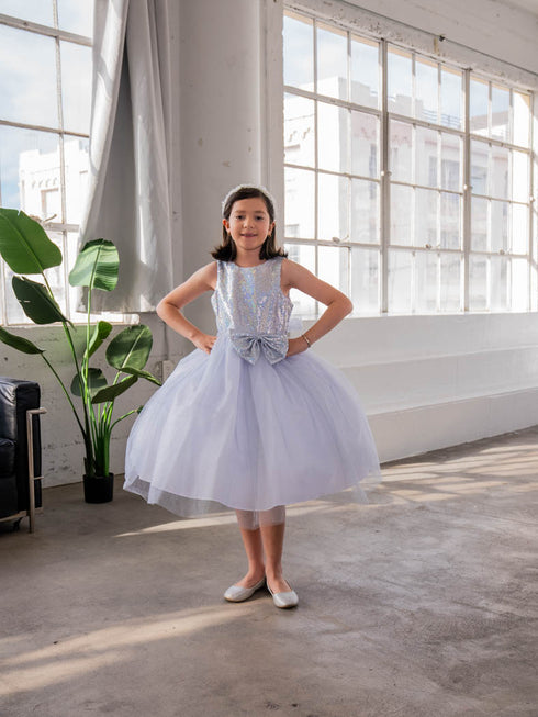 Girls A-Line Sequin Top Bow Waist V Back Tulle Flower Girl Dress 2-16