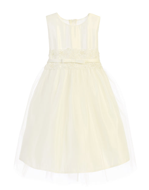 Girls Ivory Satin & Tulle Tea-Length Dress with Sequin Lace Waist Trim ā Special Occasion Dress 2-16