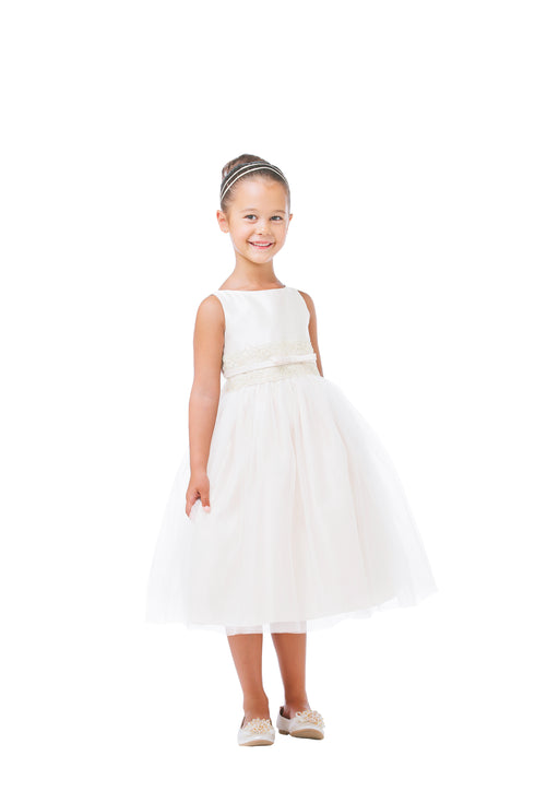 Girls Ivory Satin & Tulle Tea-Length Dress with Sequin Lace Waist Trim ā Special Occasion Dress 2-16