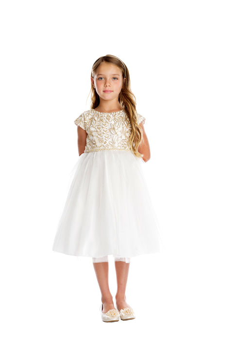 Girls Metallic Floral Lace Dress with Crystal Tulle Skirt – Tea-Length Special Occasion Dress 2-12