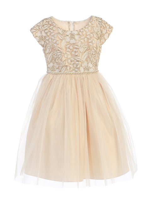 Girls Metallic Floral Lace Dress with Crystal Tulle Skirt – Tea-Length Special Occasion Dress 2-12