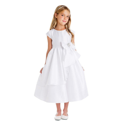 Sweet Kids Girls White Satin Cascading Ribbon Accent Communion Dress 6-16 - SophiasStyle.com