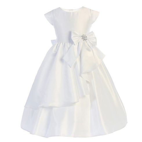 Sweet Kids Girls White Satin Cascading Ribbon Accent Communion Dress 6-16 - SophiasStyle.com