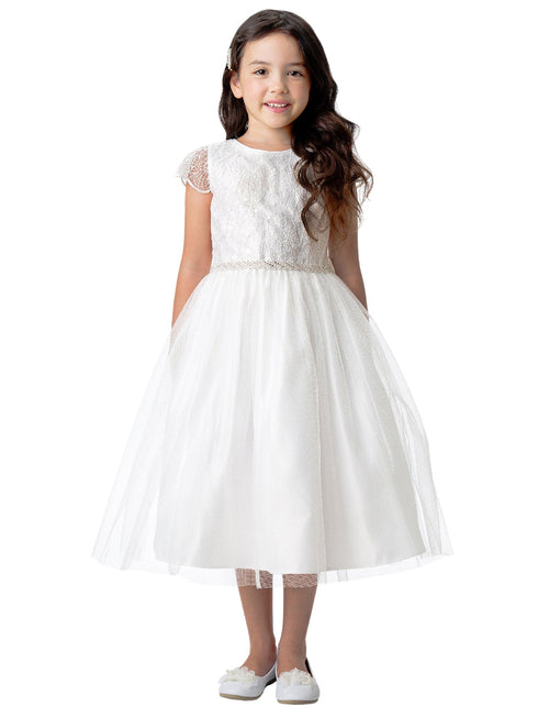 Big Girls Off White Cord Sequin Embroidered Lace Junior Bridesmaid Dress 7-16 - SophiasStyle.com