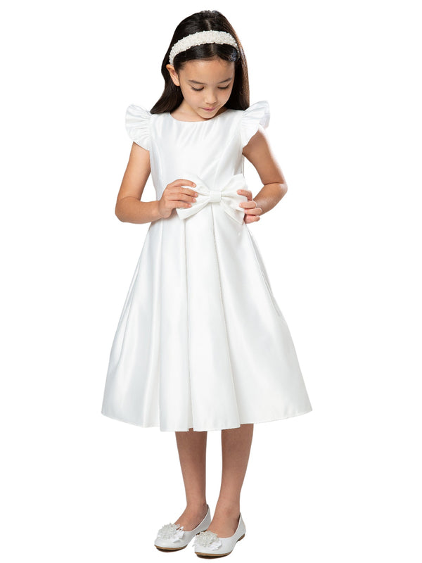 Big Girls White Flutter Sleeve Pleated Skirt Satin Junior Bridesmaid Dress 7-16 - SophiasStyle.com
