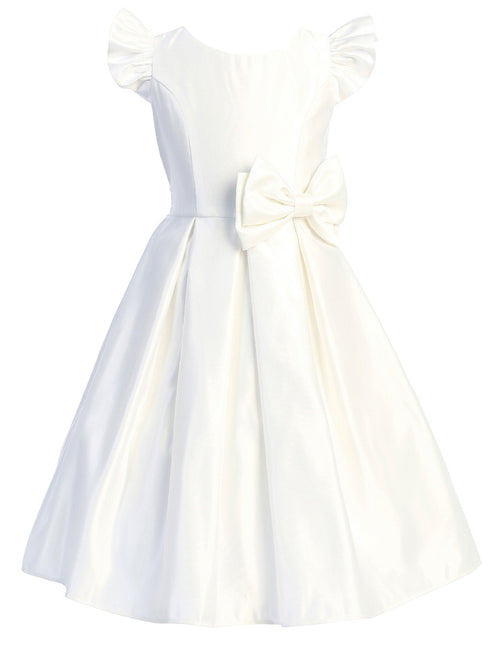 Big Girls Off White Flutter Sleeve Pleated Satin Junior Bridesmaid Dress 7-16 - SophiasStyle.com