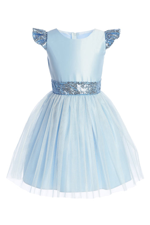 Satin & Crystal Tulle Girls Dress with Sequin Flutter Sleeves and Waistband 2-16