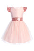 Satin & Crystal Tulle Girls Dress with Sequin Flutter Sleeves and Waistband 2-16