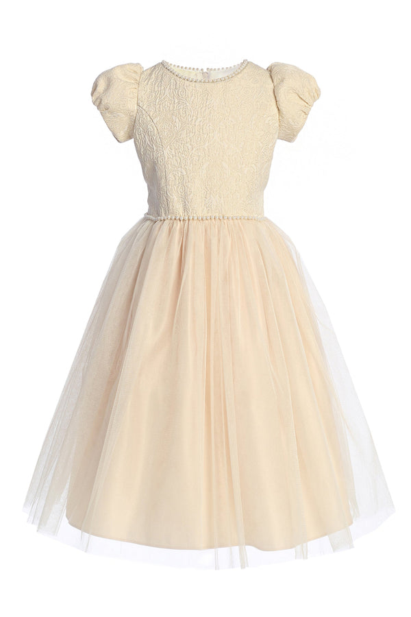 Baby Girls Elegant Jacquard & Tulle Princess Dress with Pearl Details 6-24M