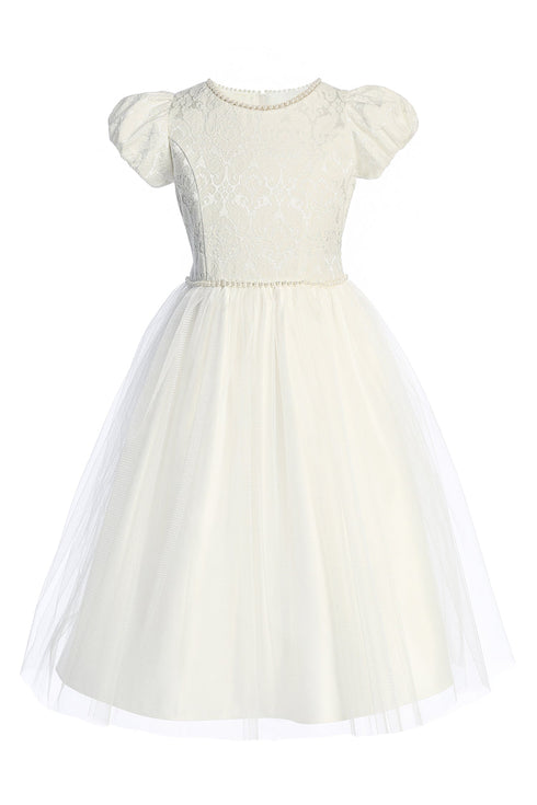 Girls Elegant Jacquard & Tulle Princess Dress with Pearl Details 2-16