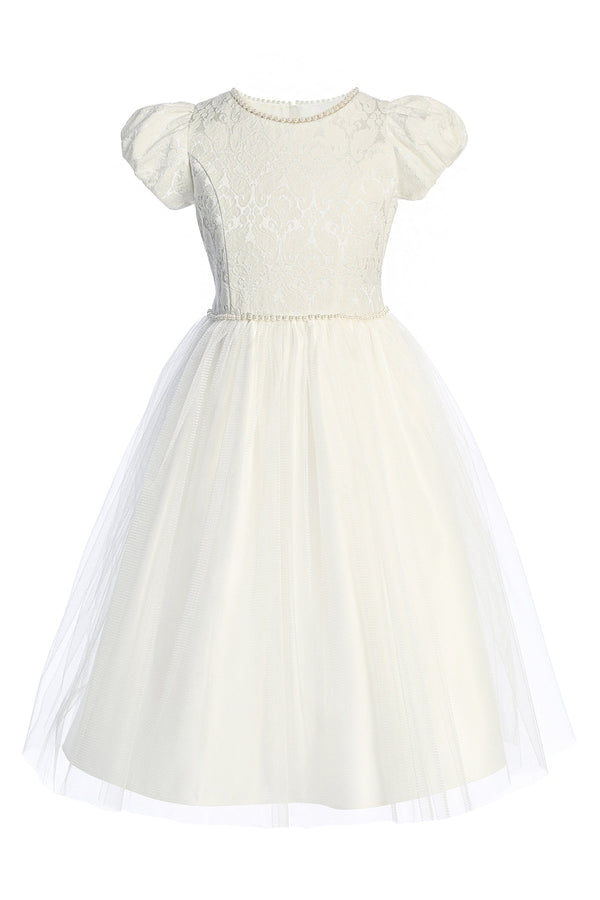 Girls Elegant Jacquard & Tulle Princess Dress with Pearl Details, Sizes 2-16