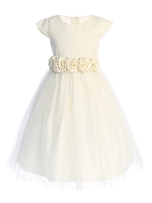 Girls Ivory Rose Jacquard Party Dress with Satin Crystal Tulle Skirt & Rosette Waistband – Tea Length 2-16