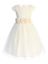Girls Ivory Rose Jacquard Party Dress with Satin Crystal Tulle Skirt & Rosette Waistband – Tea Length 2-16