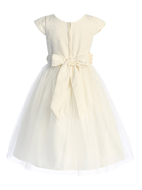 Girls Ivory Rose Jacquard Party Dress with Satin Crystal Tulle Skirt & Rosette Waistband – Tea Length 2-16