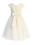 Girls Ivory Rose Jacquard Party Dress with Satin Crystal Tulle Skirt & Rosette Waistband – Tea Length 2-16