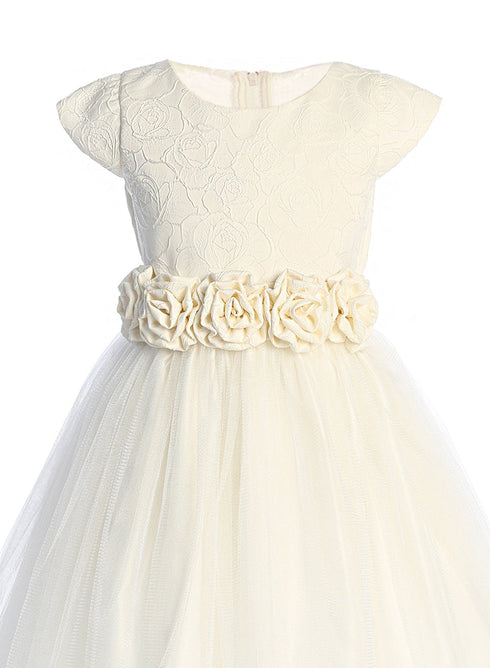 Girls Ivory Rose Jacquard Party Dress with Satin Crystal Tulle Skirt & Rosette Waistband – Tea Length 2-16