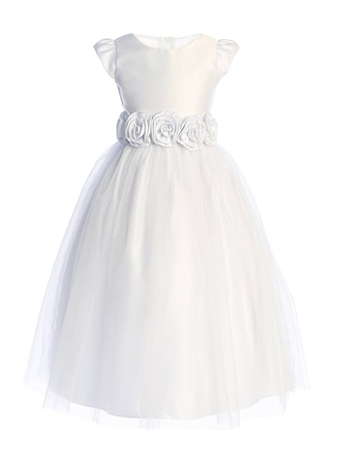 Girls Satin & Crystal Tulle Dress with Rosette Waistband 2-16