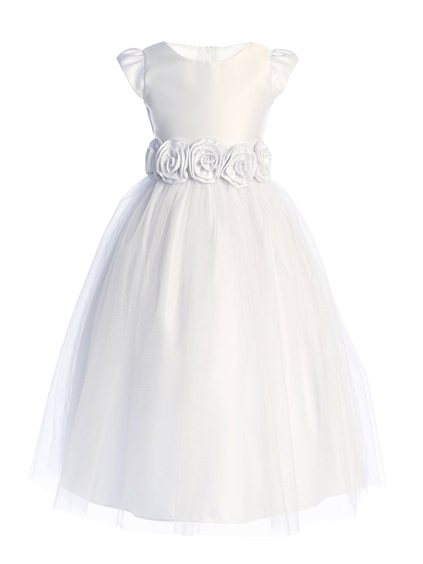 Girls Satin & Crystal Tulle Dress with Rosette Waistband 2-16