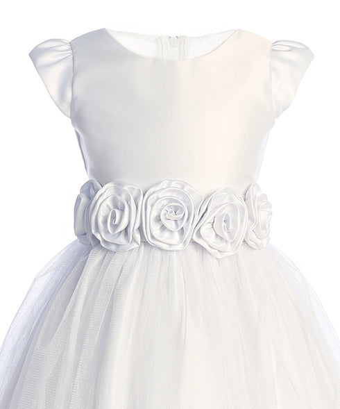 Girls Satin & Crystal Tulle Dress with Rosette Waistband 2-16