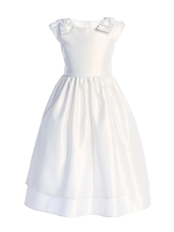 Girls Satin Dress with Double Bow Shoulder Detail & Wide Hem Border 2-16