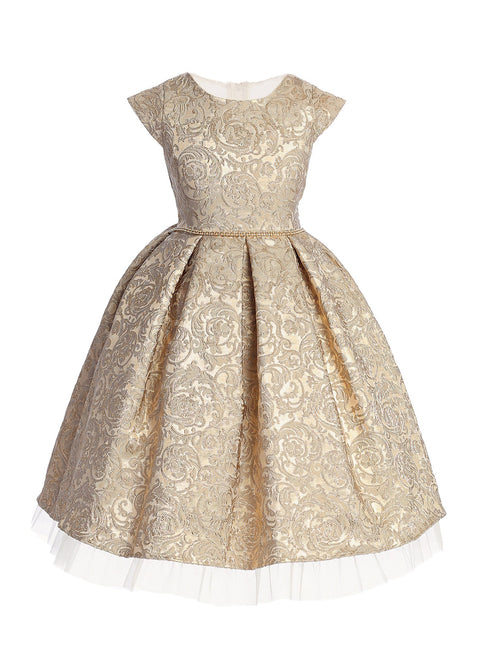 Girls Metallic Jacquard Party Dress – Pleated Skirt, Crystal Tulle & Rhinestone Waist 2-16