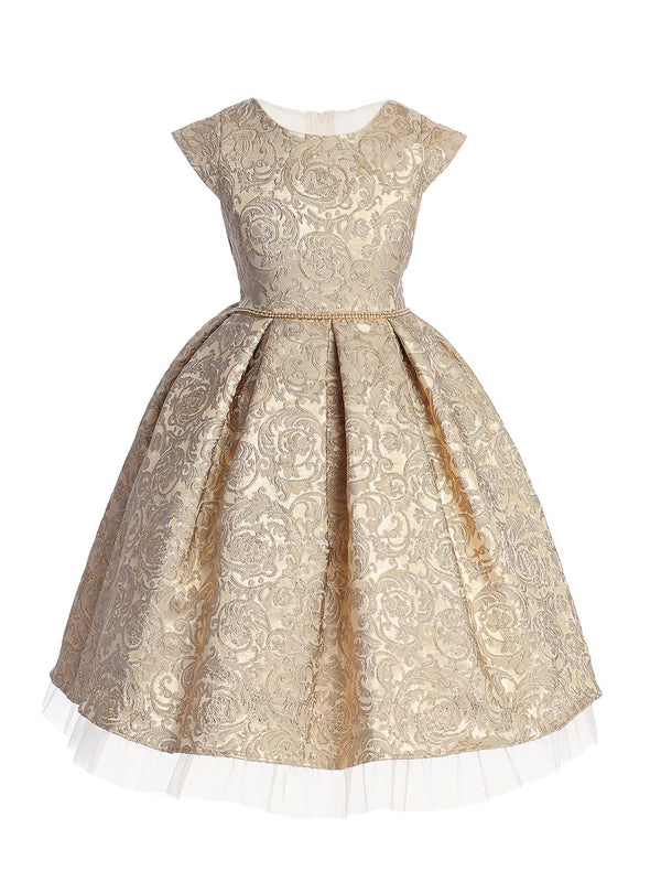Girls Metallic Jacquard Party Dress – Pleated Skirt, Crystal Tulle & Rhinestone Waist 2-16