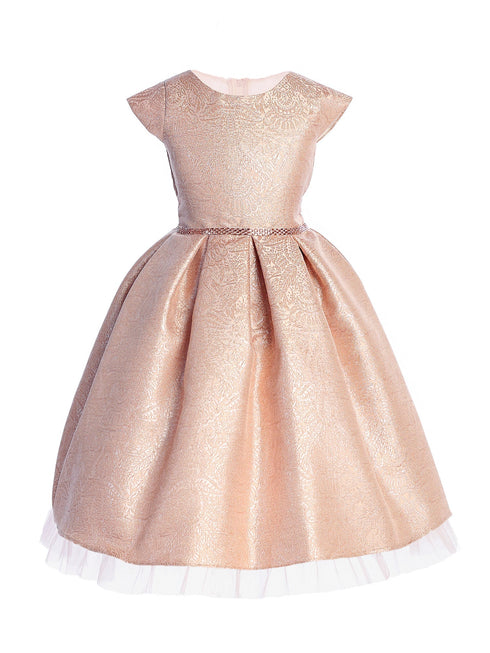 Girls Metallic Jacquard Party Dress – Pleated Skirt, Crystal Tulle & Rhinestone Waist 2-16