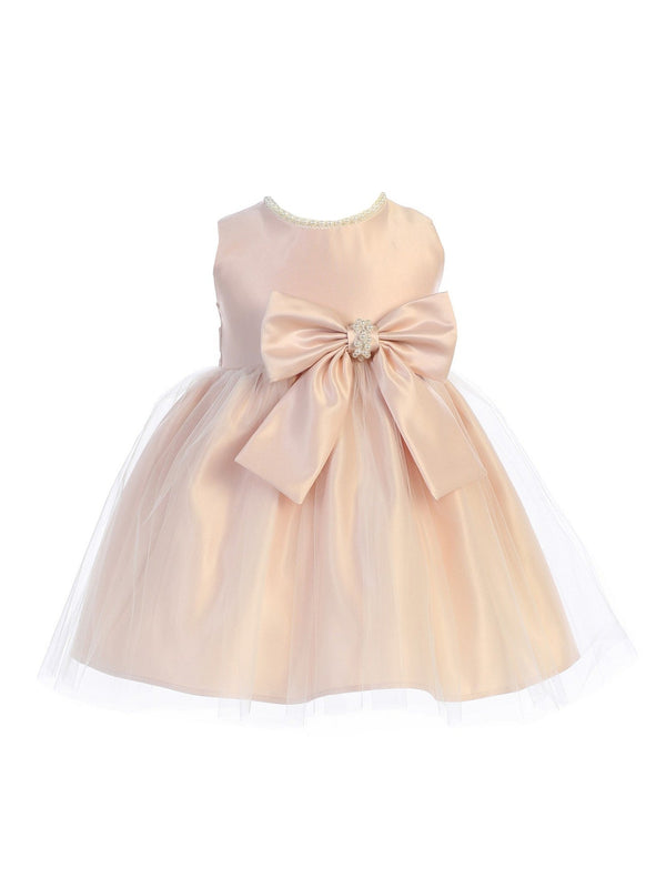 Sweet Kids Baby Girls Blush Satin Tulle Pearl Ribbon Flower Girl Dress 6-24M - SophiasStyle.com