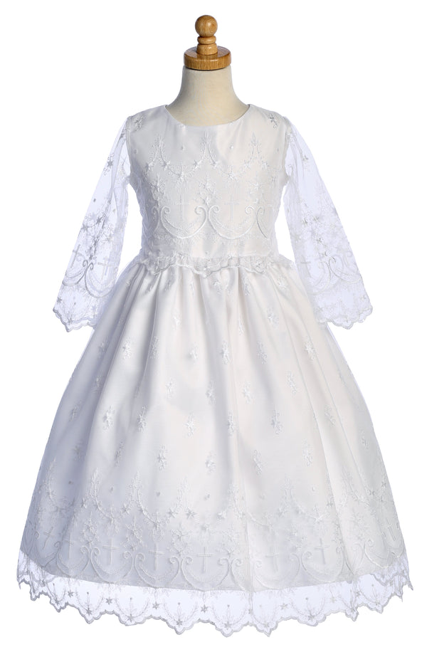 Girls White Cross Embroidered Tulle Communion Dress 6-12
