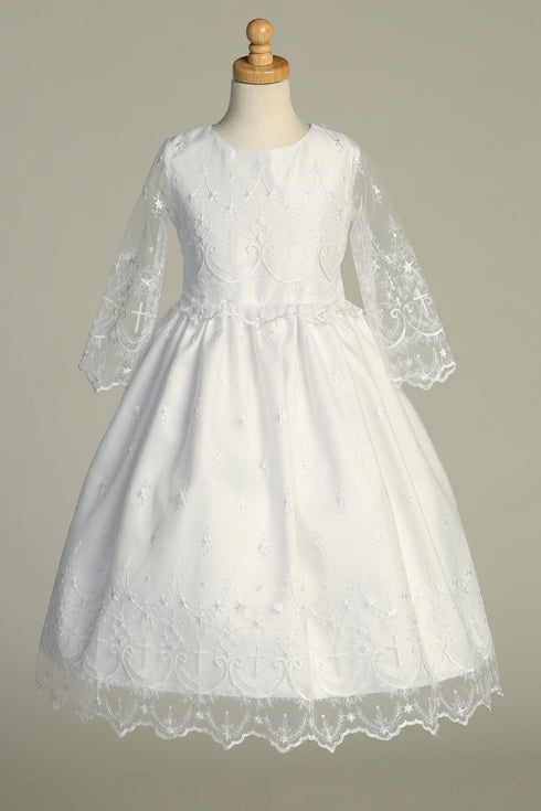 Girls White Cross Embroidered Tulle Communion Dress 6-12