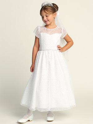 Girls White Illusion Neckline Satin Sequin Embroidered Tulle Communion Dress 6-12