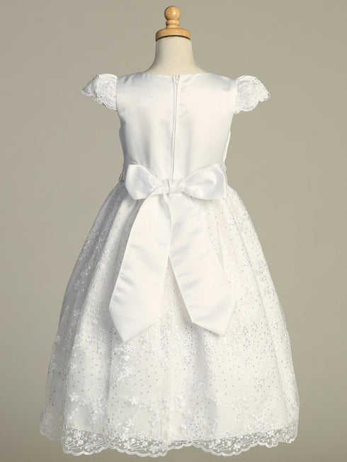 Girls White Elegant Satin & Embroidered Tulle with Sequins Tea-Length Communion Plus Size Dress 12.5-20.5