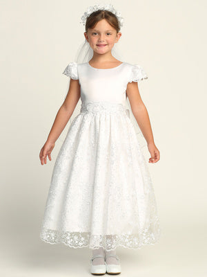 Girls White Elegant Satin & Embroidered Tulle with Sequins Tea-Length Communion Dress 6-12