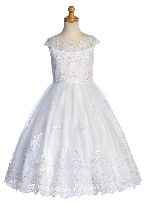 Girls White Sequin Corded Embroidered Tulle Communion Dress 6-12