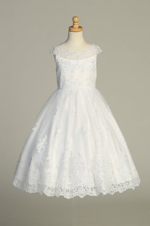 Girls White Sequin Corded Embroidered Tulle Communion Dress 6-12