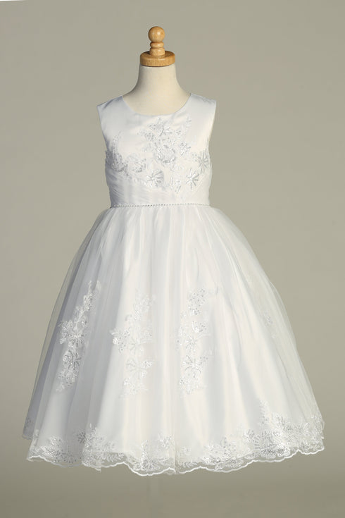 Girls Rhinestone Waist Trim Sequin Embroidered Tulle Satin Communion Dress 6-12