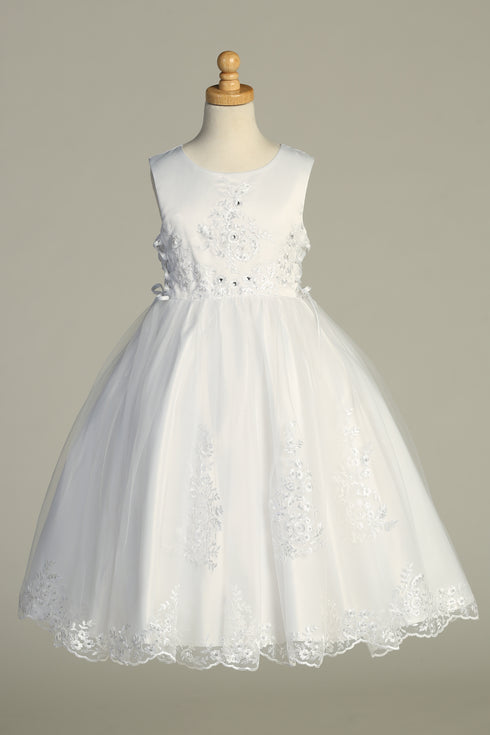 Girls White Embroidered Tulle Corset Sides Satin Communion Dress 6-12