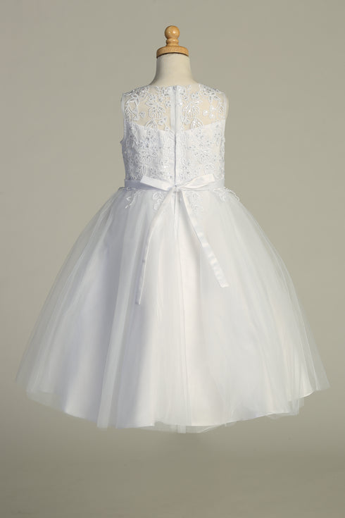 Girls Pearl Sequin Embroidered Tulle Tea Length Communion Dress 6-12