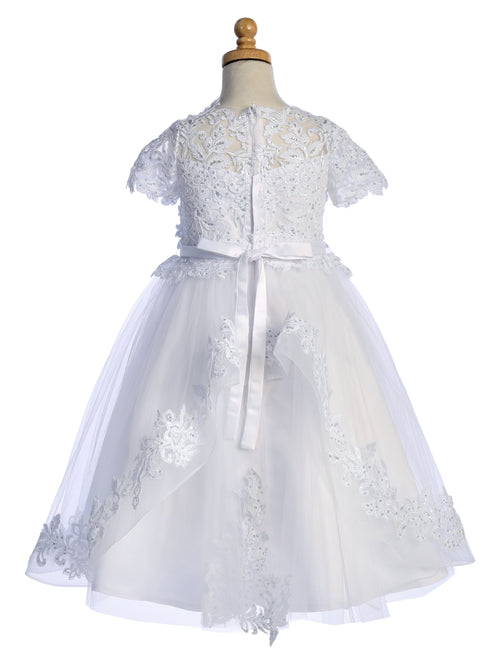 Girls White Sequin Corded Embroidered Tulle Tea-Length Communion Dress 6-12