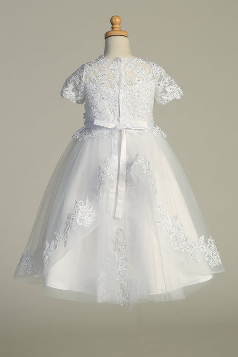 Girls White Sequin Corded Embroidered Tulle Tea-Length Communion Dress 6-12