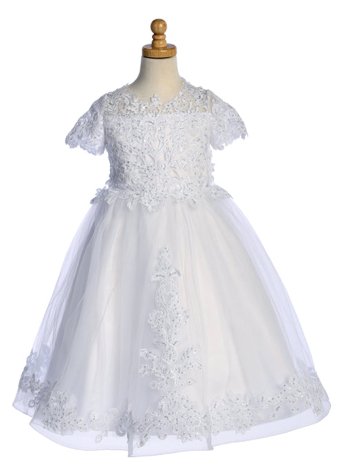 Girls White Sequin Corded Embroidered Tulle Tea-Length Communion Dress 6-12
