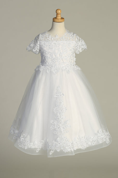 Girls White Sequin Corded Embroidered Tulle Tea-Length Communion Dress 6-12