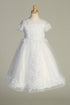 Girls White Sequin Corded Embroidered Tulle Tea-Length Communion Dress 6-12