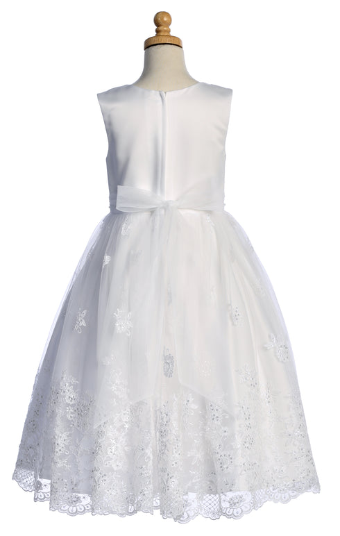 Girls White Sequin Pearl Corded Embroidered Tulle Communion Dress 6-12