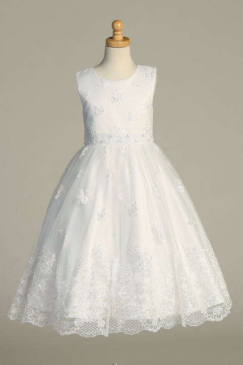 Girls White Sequin Pearl Corded Embroidered Tulle Communion Dress 6-12