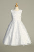 Girls Embroidered Tulle Pearl Neckline Waist Trim Communion Dress 6-12