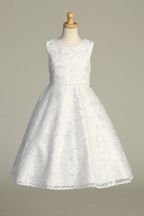 Girls Pearl Neckline Waist Trim Communion Plus Size Dress 8.5-20.5