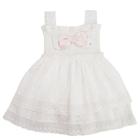 Beatrice Baby Girl Lace Onesie Dress – White Cotton Romper with Bow Detail 0-24M